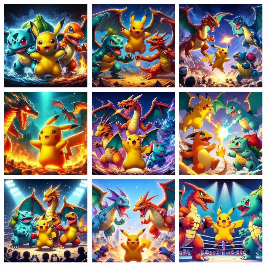 Pokemon Pikachu Charizard Dragon Fighting Anime Diamond Art Painting 5d Funny Charmander Bulbasaur Cartoon Cross Stitch Decor