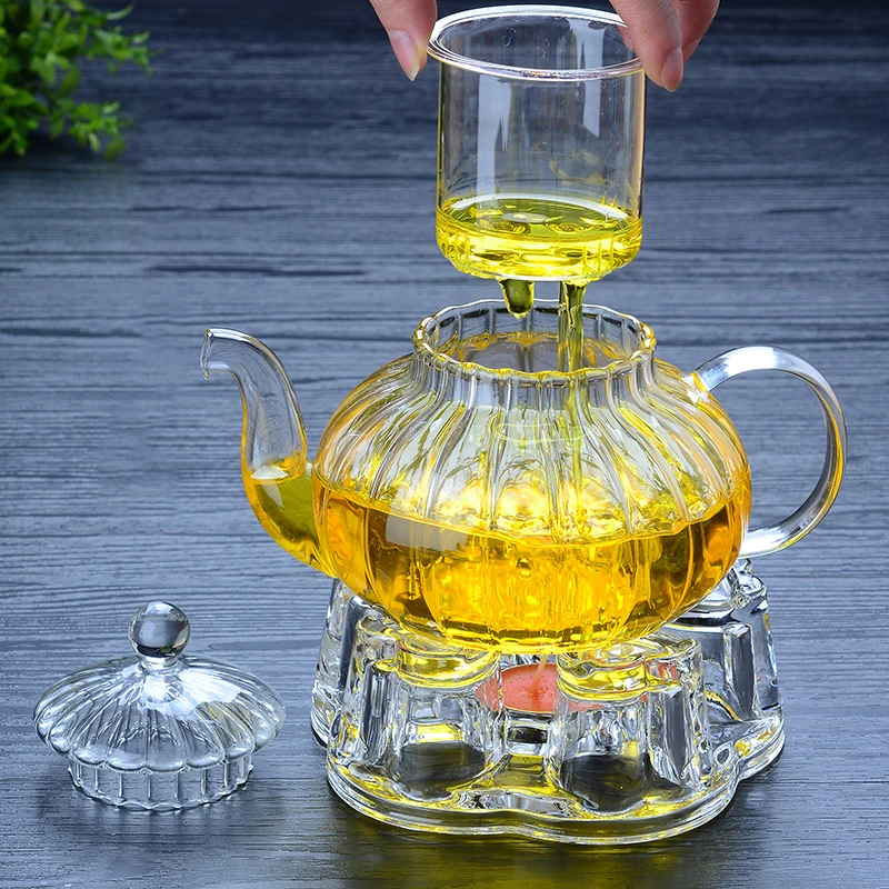 Heat Resistant Glass Pot 600ml Striped pumpkin shape flower teapot Glass Teapot with Infuser Tea Leaf Herbal Flower TeaCup