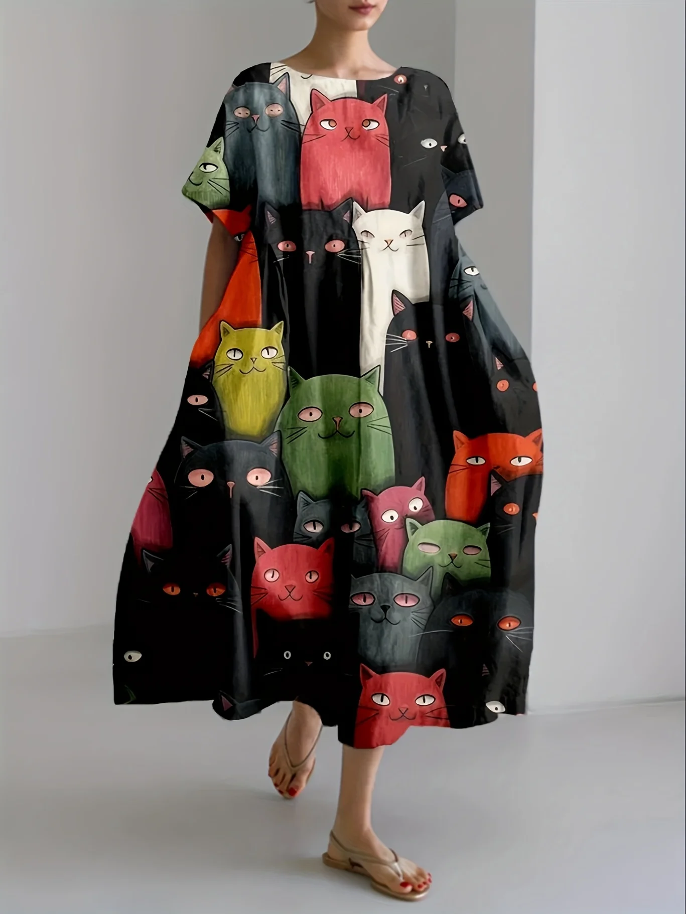 فستان نسائي أسود منسوج كبير الحجم كاجوال بوهيمي ماكسي صيفي على شكل حرف A ملابس طويلة بطول كامل باللون الأسود