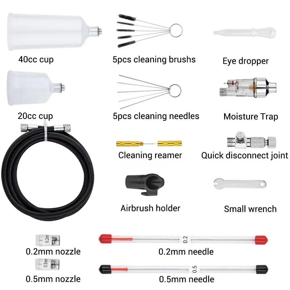 Auto Stop Function Dual-Action Airbrush With Silver Grey Compressor 0.2mm/0.3mm/0.5mm Spray Gun Power Touch Switch Cake Model