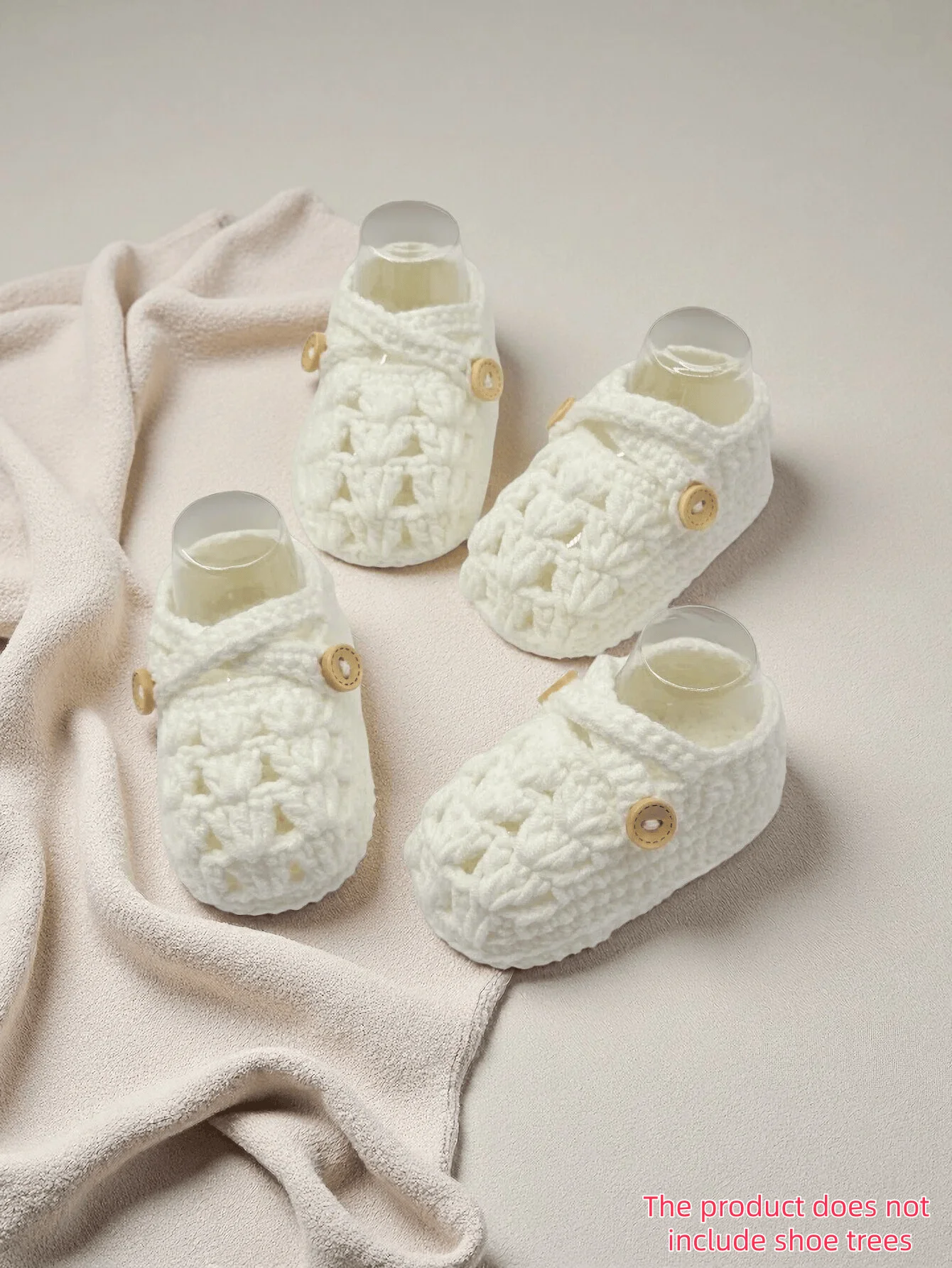 2 Pairs Handmade Crochet Baby Booties with Button Strap, White, Knit Mary Jane Style, Newborn Infant Shoes