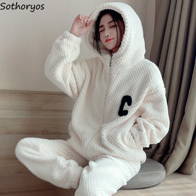 Flannel Hooded Pajama Sets Women Home Thicken Warm Letter Casual Winter Sleepwear Baggy Korean Fashion Comfortable All-match New