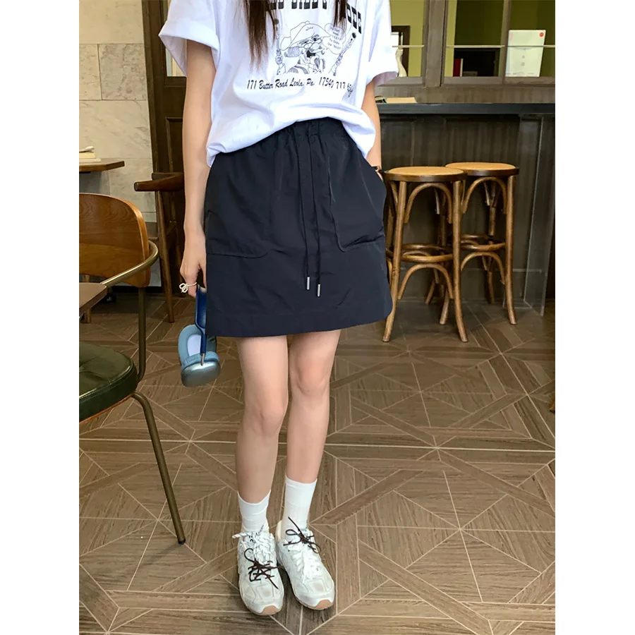 Korean Style Retro Fashion High Waist Drawstring Cargo Short Skirt for Women College Students Dark Blue Chic A-line Summer Skirt