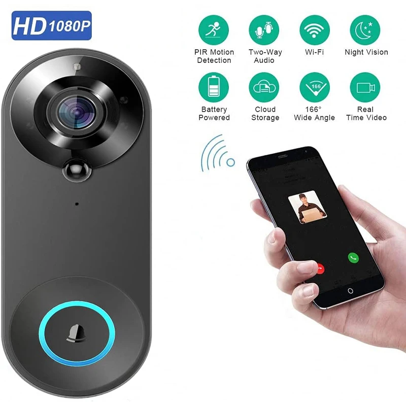 Wireless WiFi Smart Video Doorbell HD Peephole Video Intercom Camera Door Bell 2-Way Audio Night Vision PIR Motion Detection