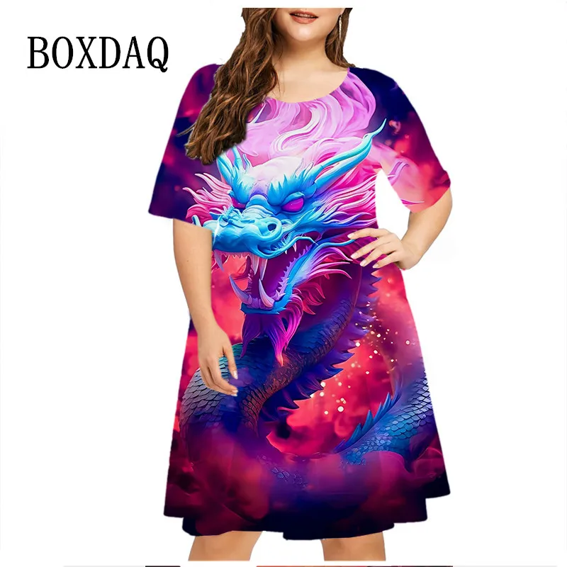 Summer Tie Dye Dragon Print Dress For Women Clothes Vintage 3D Pattern Short Sleeve Loose Plus Size Dress 6XL Casual Party Dress