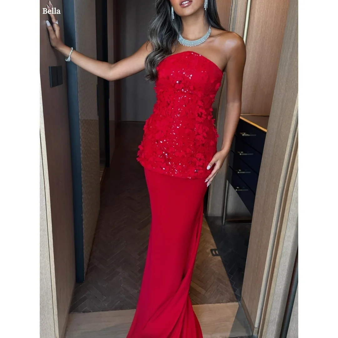 

Bella Индивидуальные красные блестки с 3D цветами, вечерние платья русалки, платье для выпускного вечера без бретелек и рукавов длиной до пола, 2025
