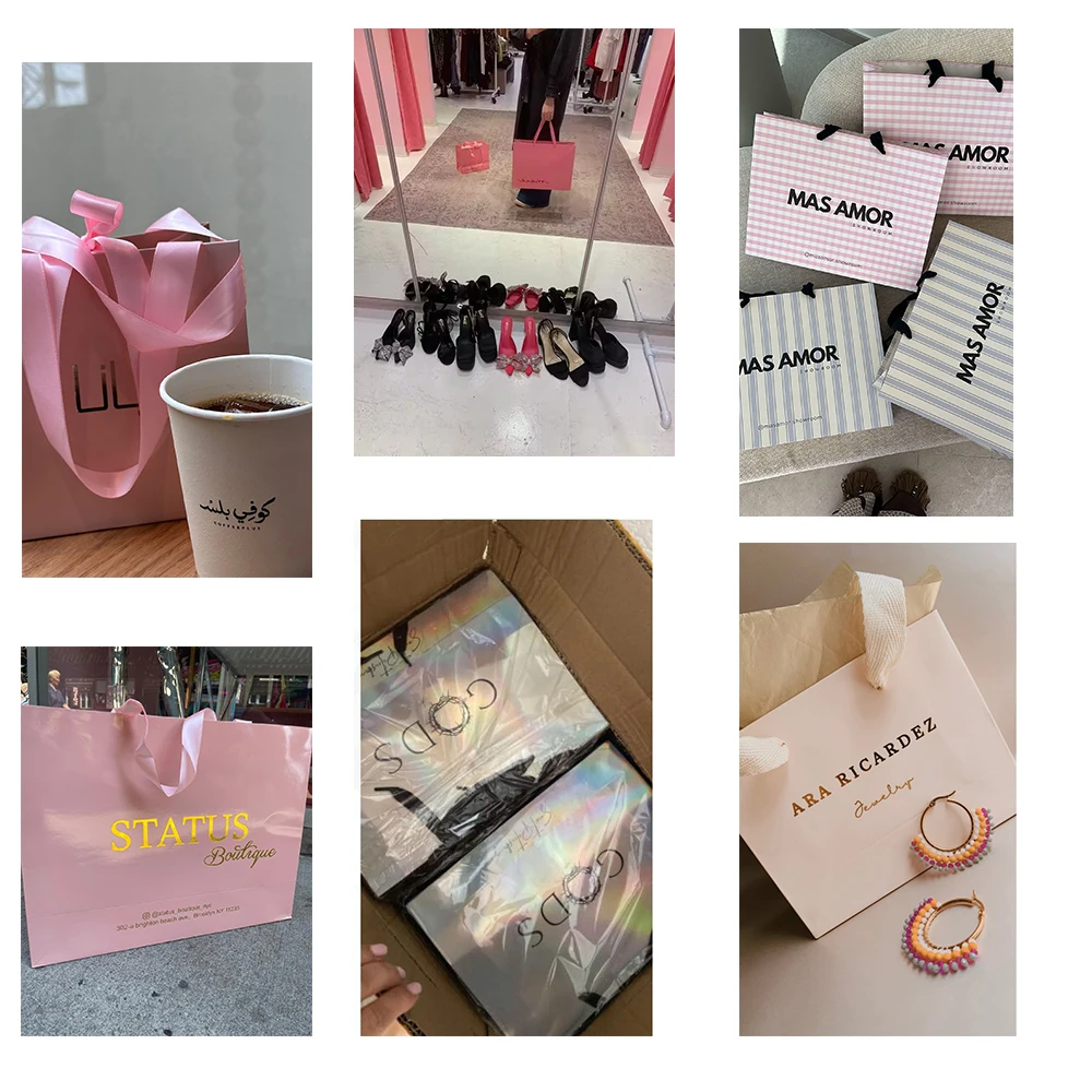 Venta al por mayor, 500 unids/lote, bolsas de compras de papel de lujo de alta gama con mango de cinta, personaliza tu propio logotipo impreso para joyería de mujer
