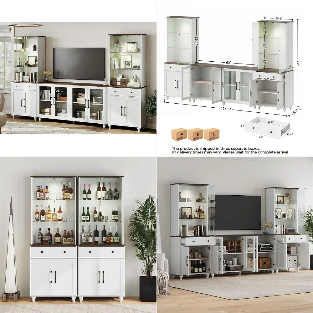 

3Piece Entertainment Center for TVs up to 75, Wall Unit TV Stand with Spotlights, Glass Display Cabinets and Drawers, Spacious