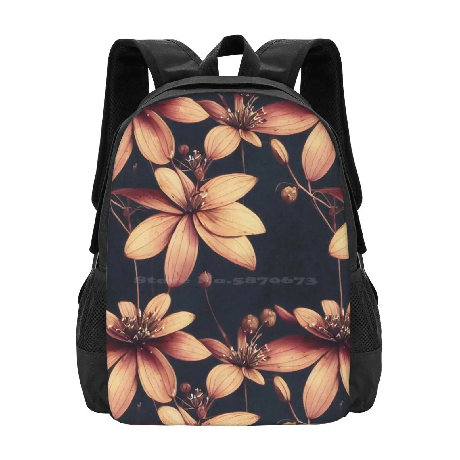 Vintage Brown Floral Pattern Fashion Pattern Design Travel Laptop School Backpack Bag Colorful Nature Cute Wild Flower Girly