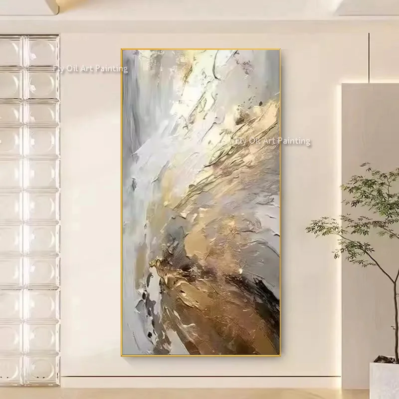 Large Popular Artwork Golden Yellow And Gray Abstract Wall Art Decor For Living Room Handmade Beige Gold Foil Oil Painting