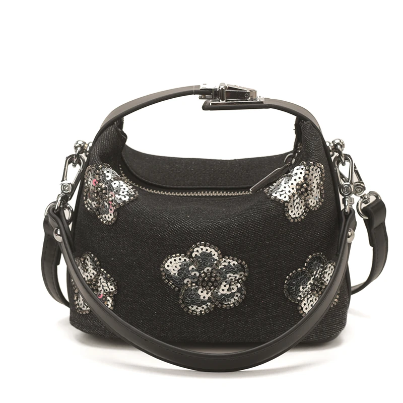 

Summer New Denim Mini Hobo Handbag Hot Sale Youth Women's Crossbody Purse with Sequin Flower Details Convertible Top-Handle Bags