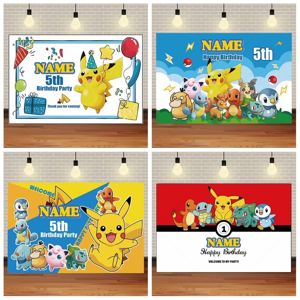 

Custom Name Pokemon Party Background Decoration Pikachu Theme Birthday Background for Kids Boy Girl Baby Shower Anime Poster