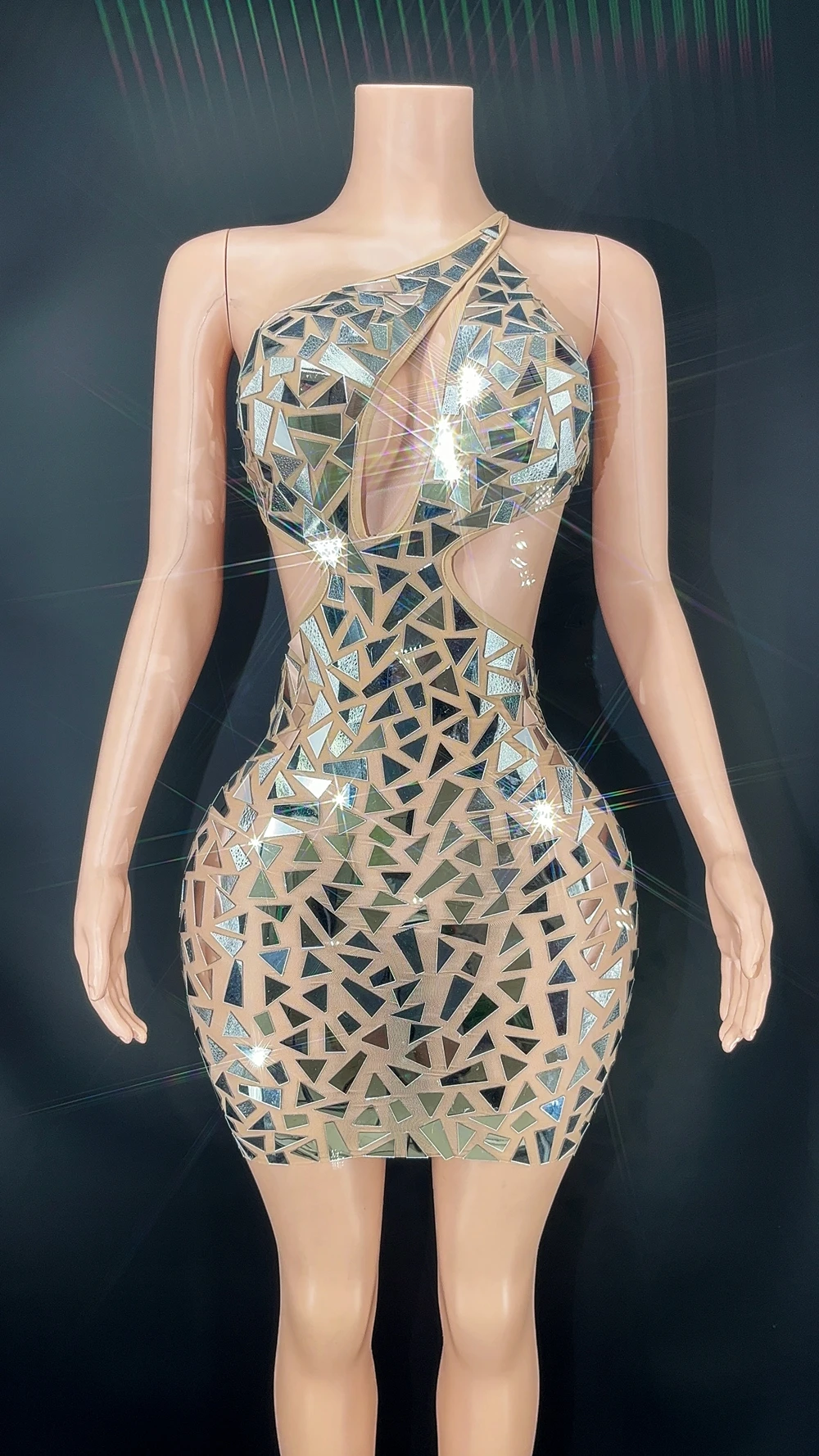 Vestido corto con espalda descubierta y espejos brillantes, vestido Sexy de malla transparente para fiesta de cumpleaños, espectáculo de cantante, traje de actuación