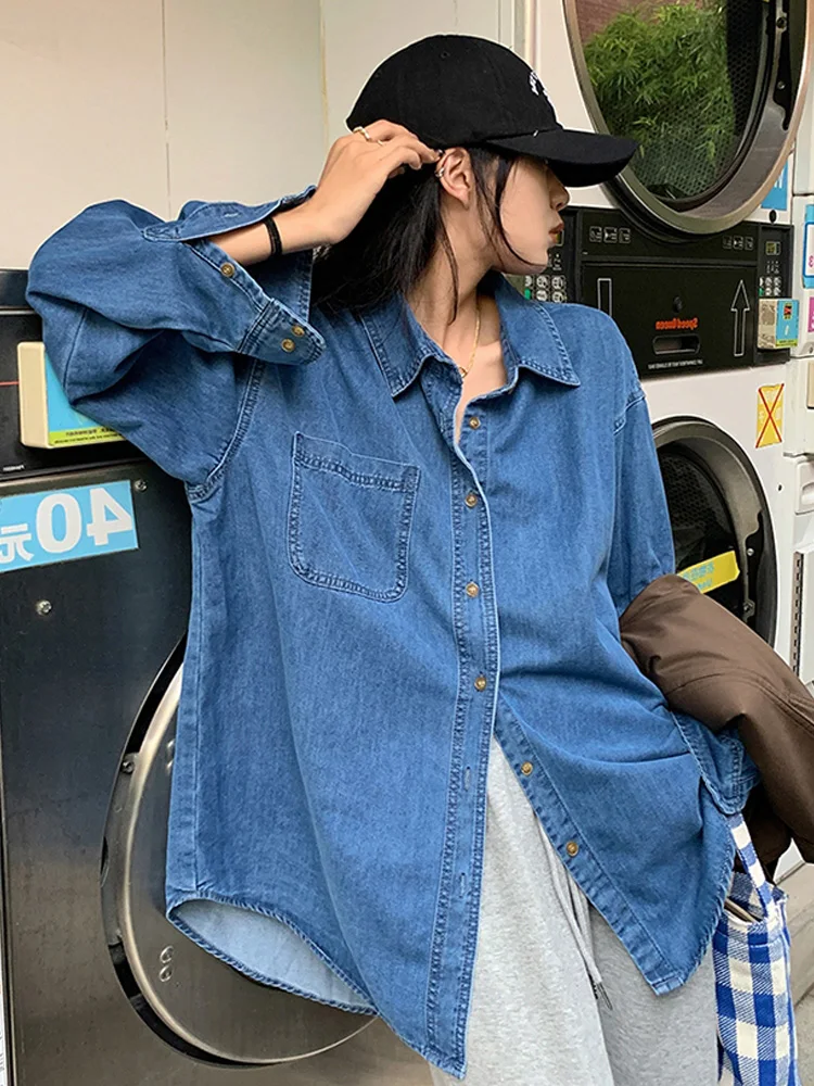 Vintage Denim Shirts Coats Women Spring Autumn Korean Style Loose Turn-down Collar Single Breasted Tops Casual Thin Jackets