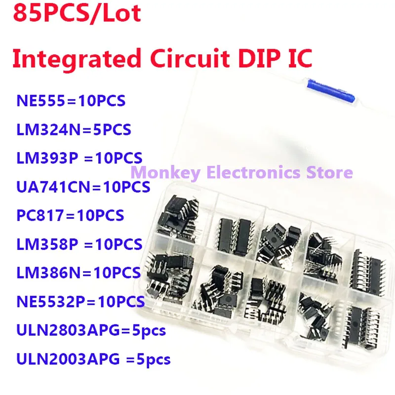 85PCS Integrated Circuit IC NE555 LM324 LM358 ULNN2803 IC chip kit DIP single precision timer 10 kinds diy kit electroni tentacl image 4