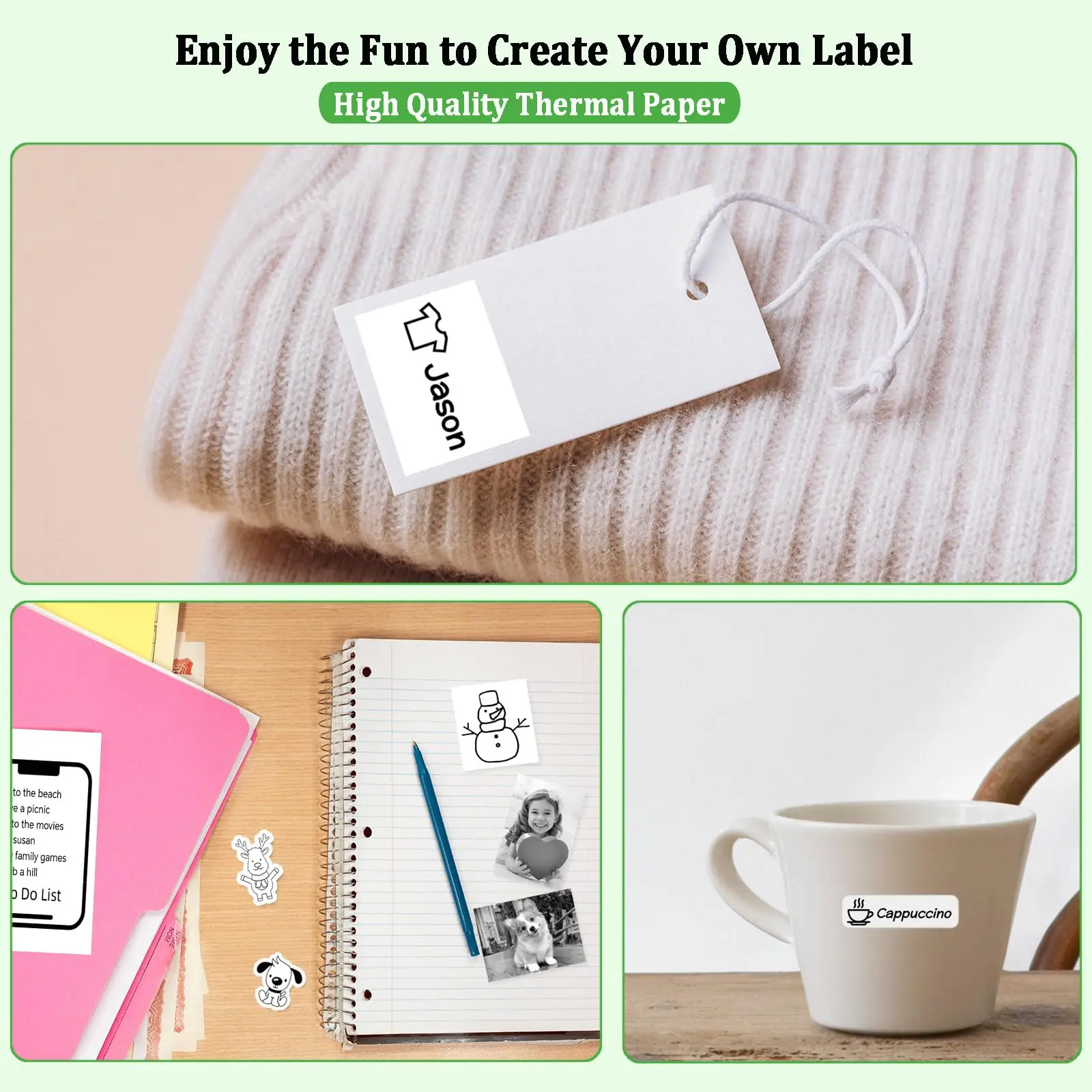 Mini Sticker Printer Label 53x28mm Continuous Thermal Paper for Miouca Thermal Label Printer, White Adhesive Sticker