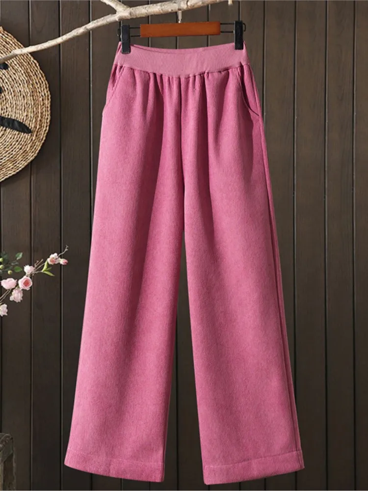 Pantalones largos de pana de gran tamaño para otoño e invierno, pantalones de cintura alta a la moda para mujer, pantalones holgados informales de pierna ancha para mujer