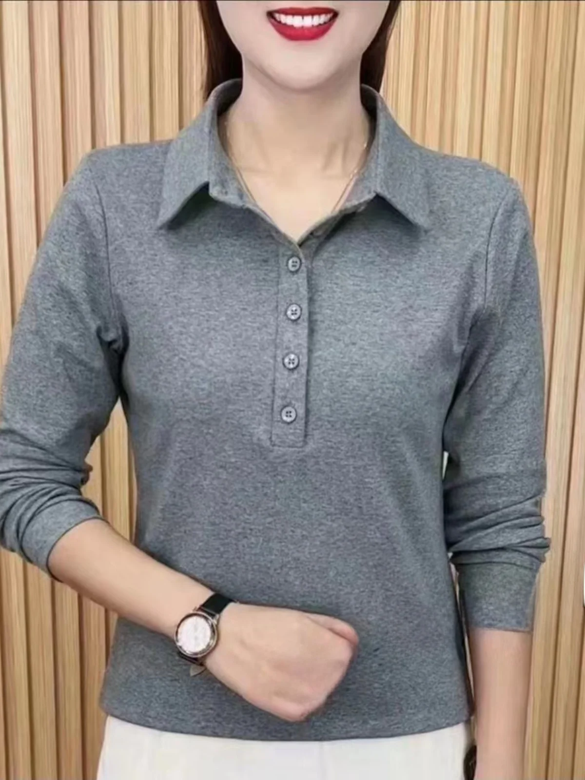 Damska koszulka z długim rękawem z czystej bawełny, bazowa, na wiosnę 2024, luźny krój, kołnierzyk z wyłogami, kolorowa koszulka, codzienna, dla mamy.