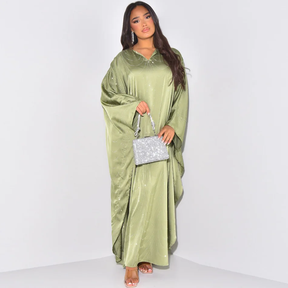 Muslim Women Loose Fit Rhinestone Wave Embellished V Neck Open Front Abaya Dress Wide Sleeve Modest Dress