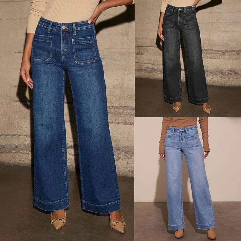 

﻿ ﻿ High Waist Denim Jeans For Women Vintage Wide Leg Straight Pants Ladies Casual Pockets Pants Pantalones De Mujer