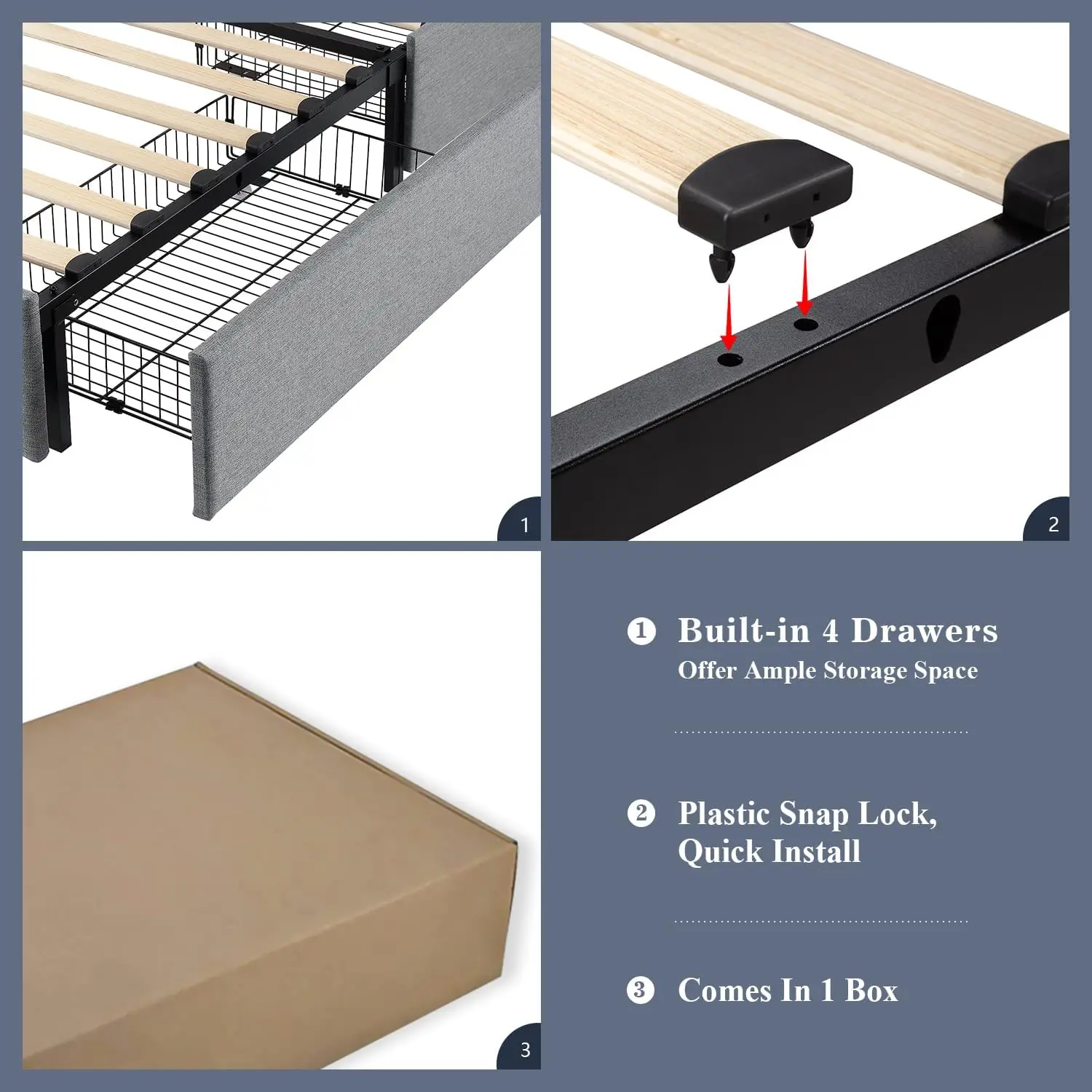 Cadre de lit plateforme avec 4 portes de rangement, planche de sauna, bouton cousu carré touffeté, gris clair