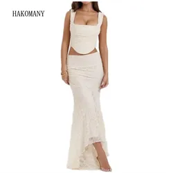 2023 Sexy Beige Lace Flower Cross Lacing up Back Camis Corset Crop top Zipper Waist Package Hips Mermaid Midi Skirt