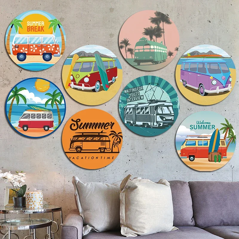 Summer Travel Plaques Round Metal Tin Signs Vintage Travel Bus Beach Surf Metal Plate Wall Decor Surfing Club Seaside Man Cave