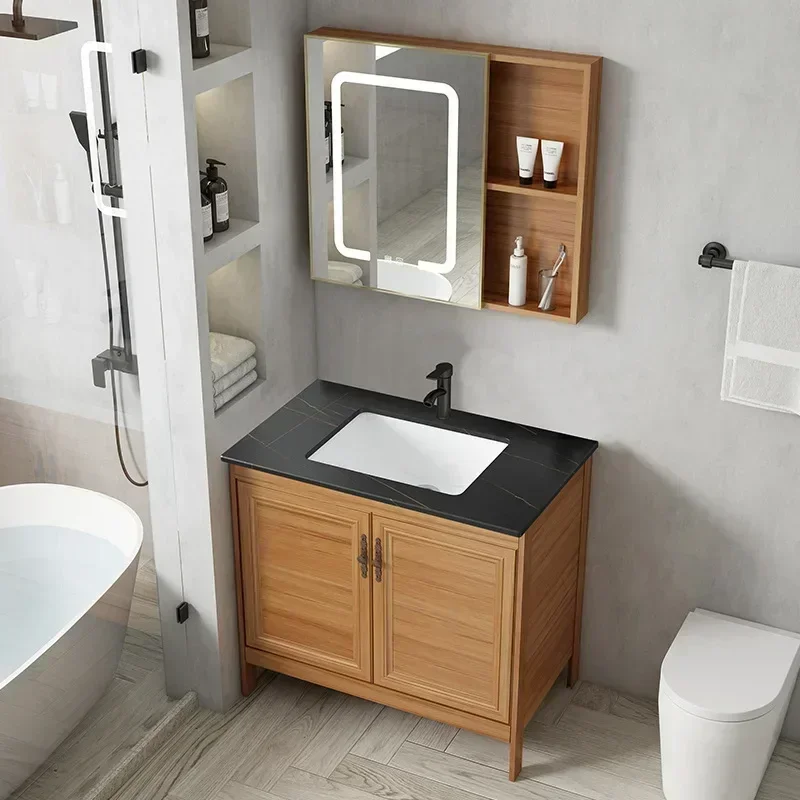 

Service Bathroom Floor Cabinets Mirror Rock Ceramic Washbasin Bathroom Aluminum Cabinet Vanity Modern Gabinete Unique Furniture