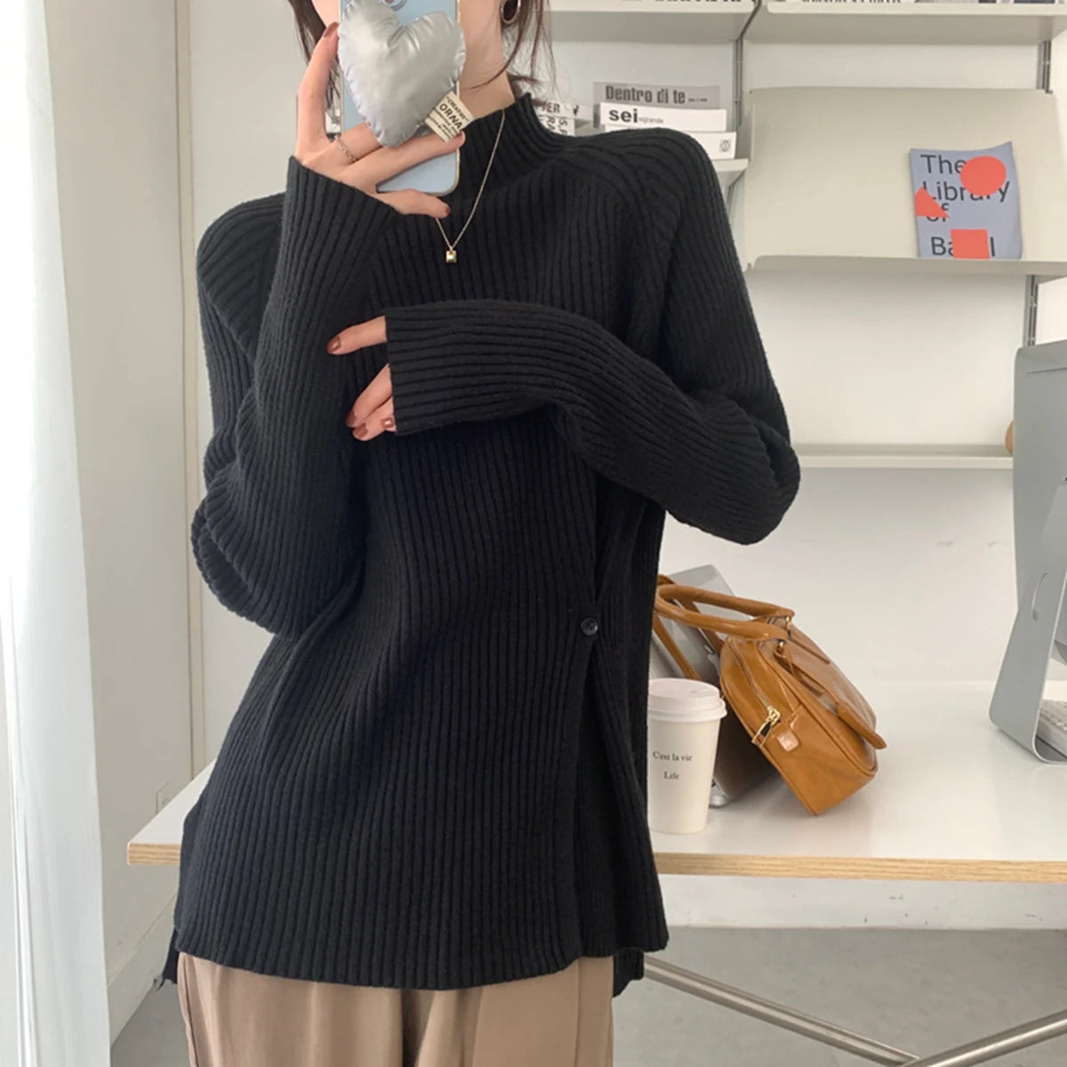 

Корейский свитер с полувысоким воротником, женский бархатный мягкий свободный вязаный свитер, осень-зима