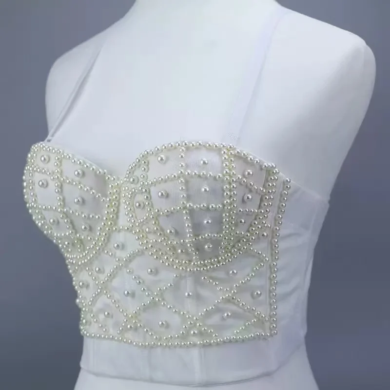 

French three-dimensional inner wear female worker black pearl camisole, retro and elegant, can be worn as a corset