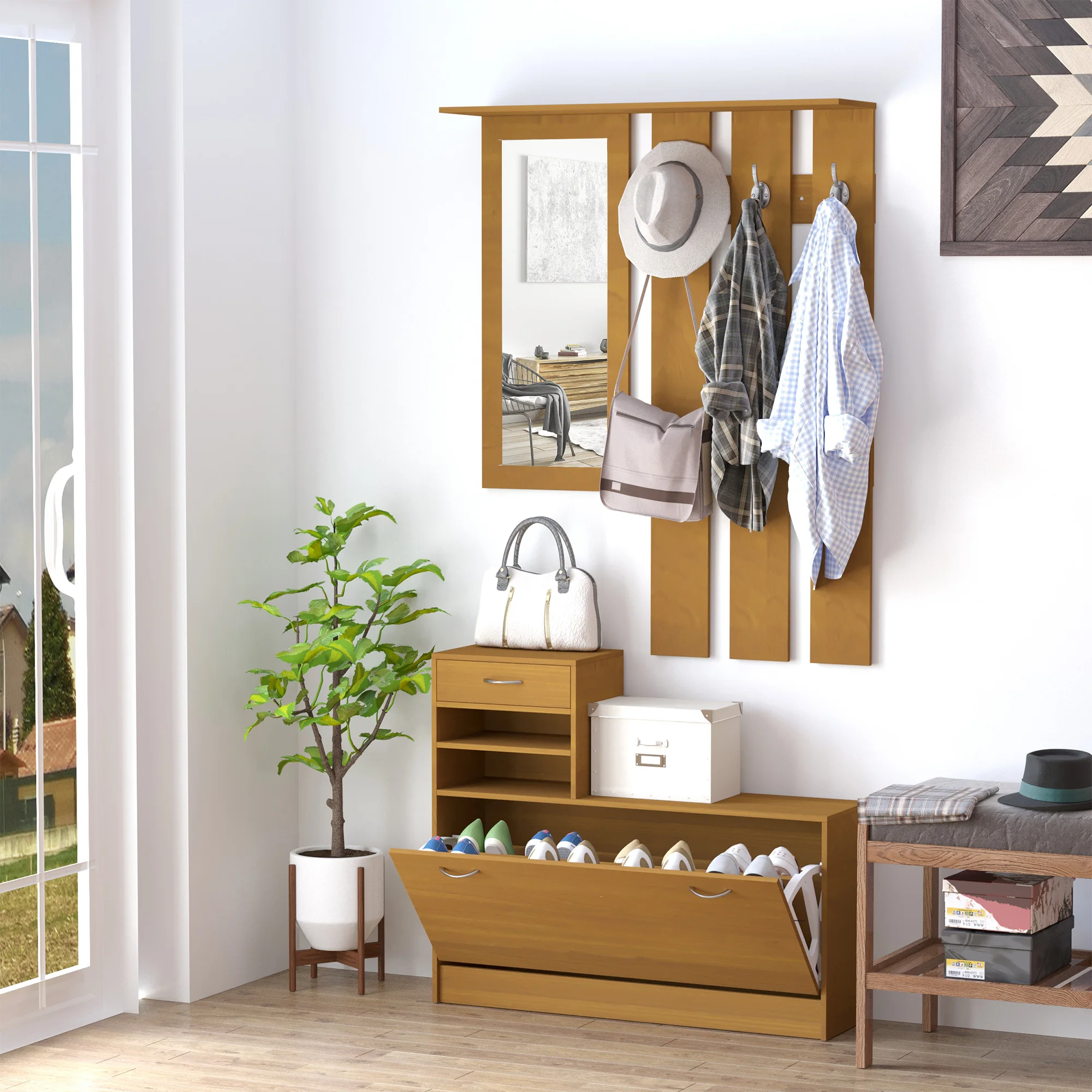 HOMCOM Conjunto Muebles de Entrada Recibidor Pasillo 3 Piezas Perchero Espejo