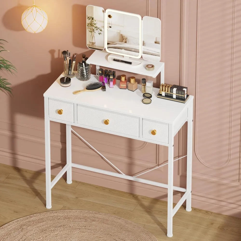 

Makeup Vanity Desk 27.5''W with Mirror & Lights,3 Fabric Drawers and Height-Adjustable Stand,for Bedroom and Small Spaces,White