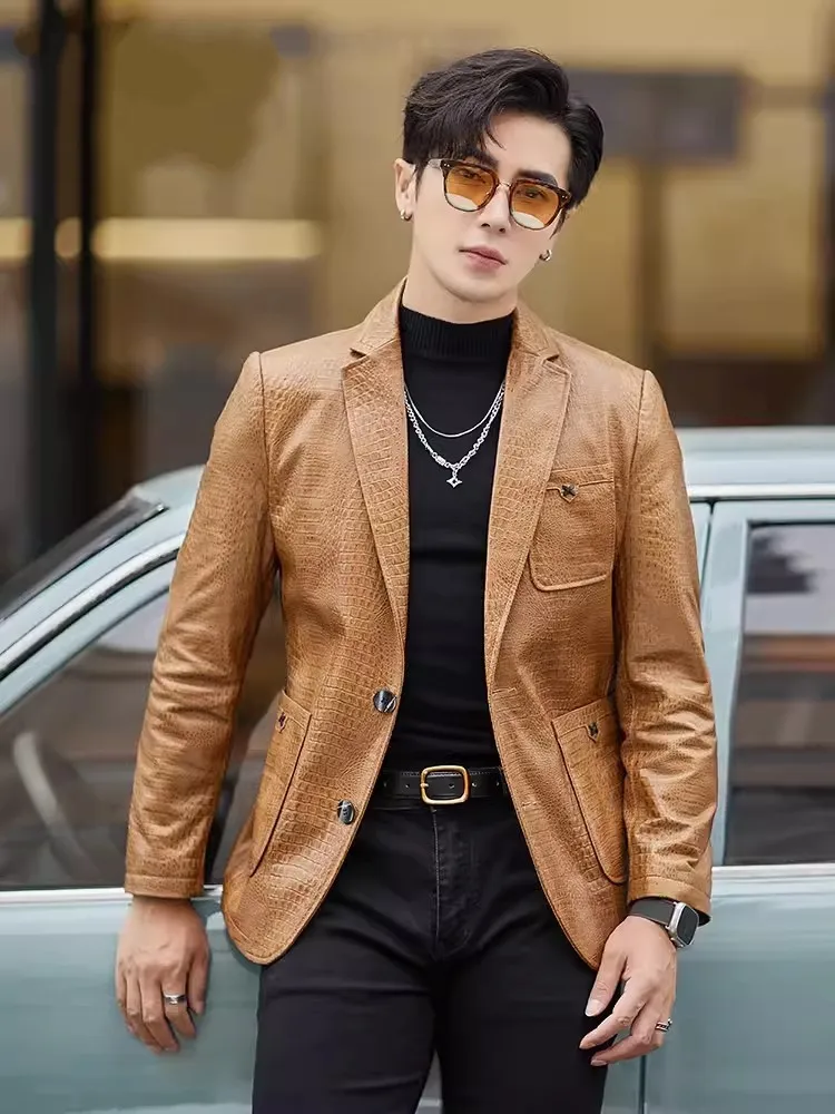 Autumn Fashion Business Men Slim Fit Work Real Sheepskin Blazer New Top Quality Genuine Leather Jacket Single Breasted Suit Coat