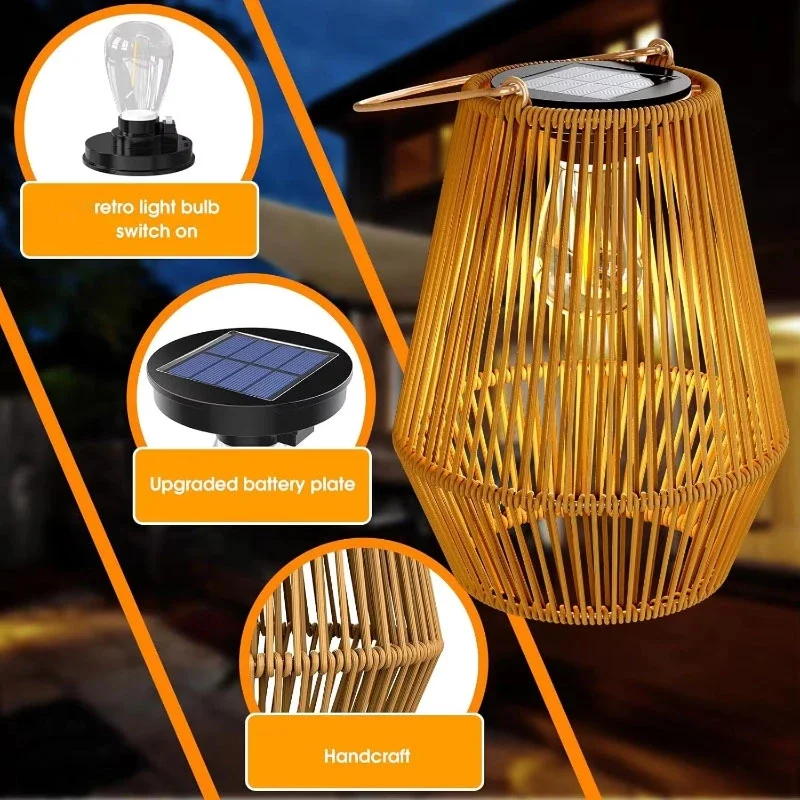 Outdoor Solar Lanterns Waterproof Hand-woven Boho Hanging Lamp With Tungsten Filament Glow, Decorative Solar Lights For Garden