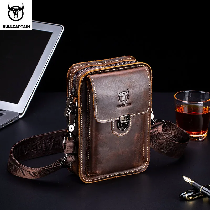 

BULLCAPTAIN Crazy Horse Leather Male Waist Pack Phone Pouch Bags Waist Bag Men's Small Chest Shoulder Belt Bag Back Pack YB075