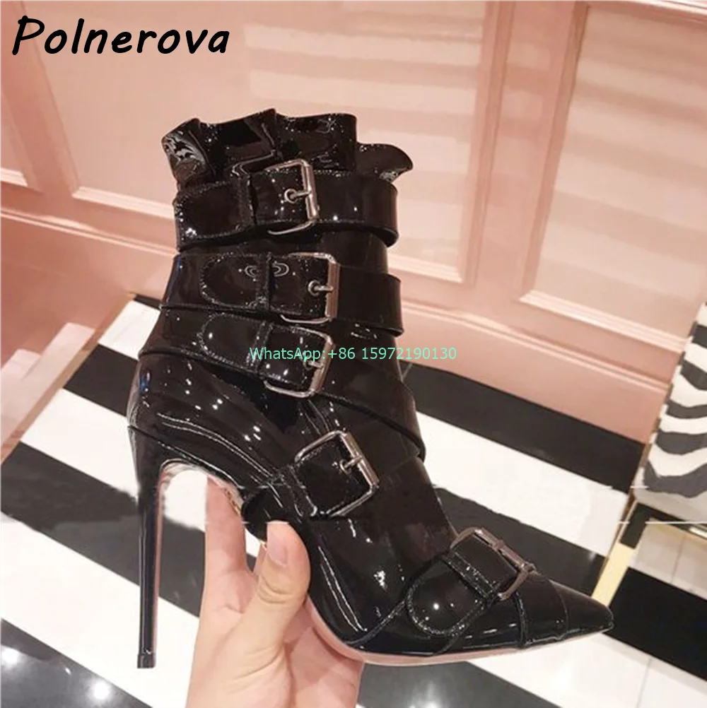 

Buckle Belt Pleated Ankle Boots Patent Leather Black Pointy Toe Thin Heels Sexy Short Boots Women's Fashion Party Shoes 2024