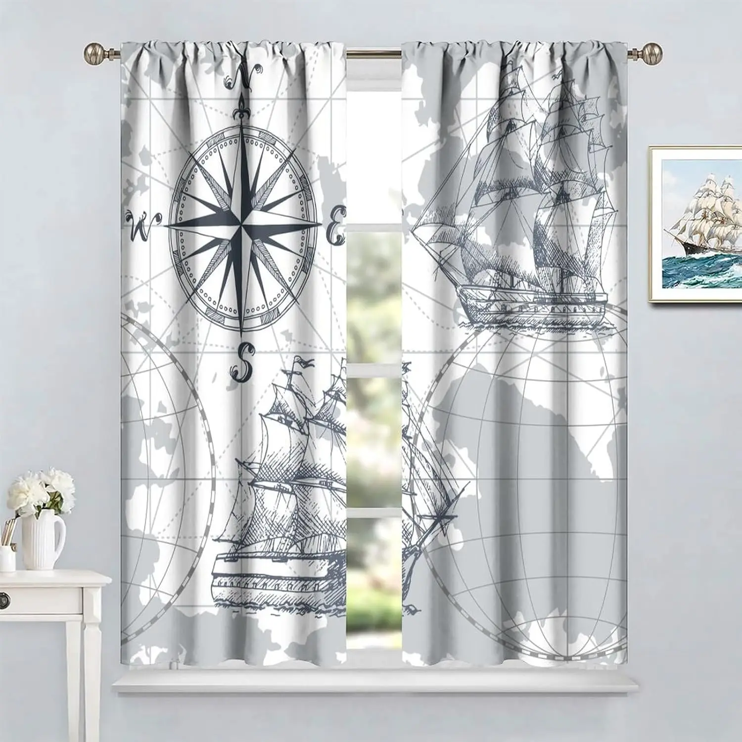 Nautical Sailboat Map Curtains, Ship Anchor Sketch Window Treatments Pirate Ship Wheel Compass Window Drapes for Bedroom Living