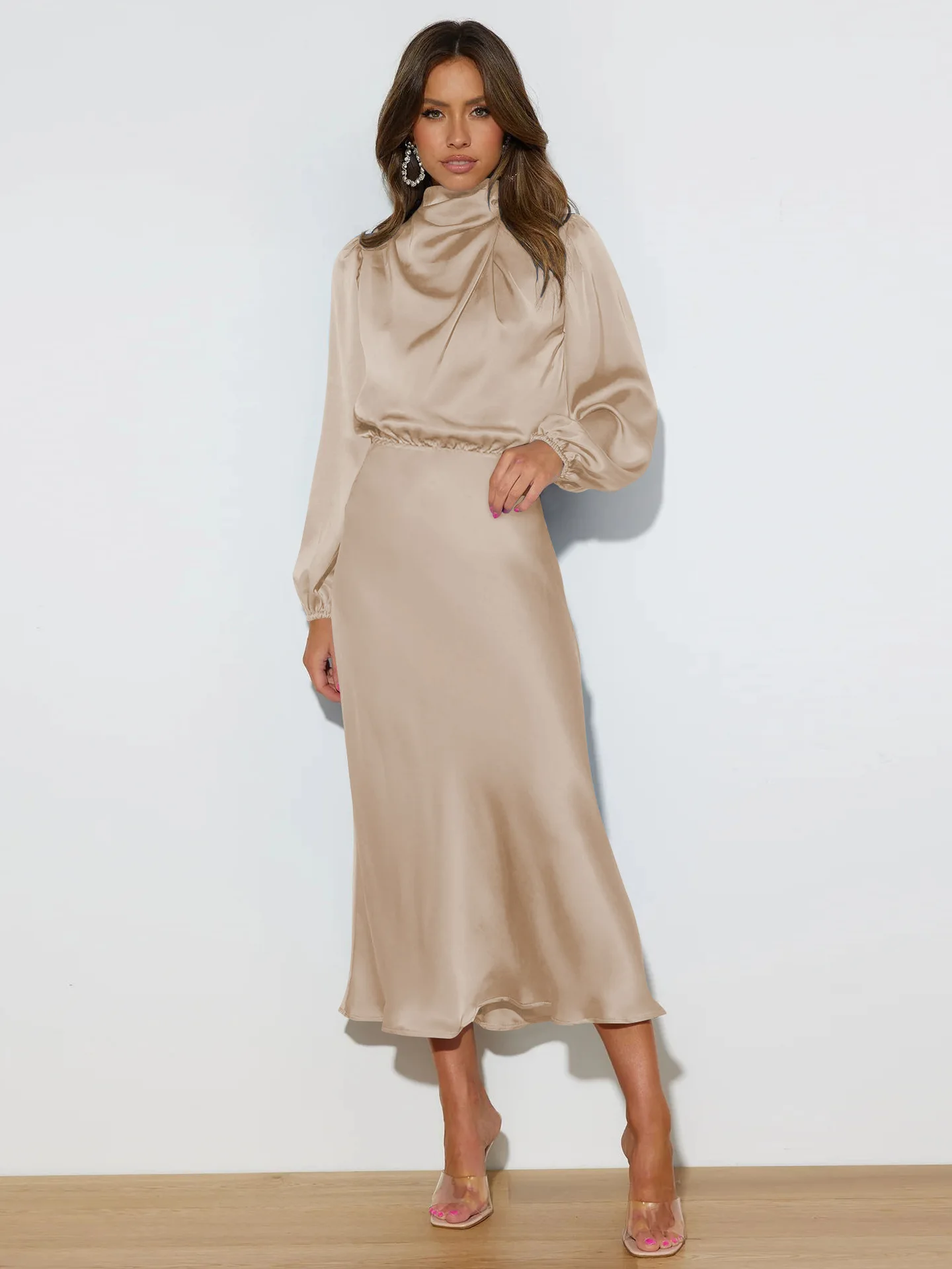 Robe de soirée en Satin à manches longues pour femmes, coupe ample, élégante, tenue de soirée élégante, nouvelle collection automne 2025