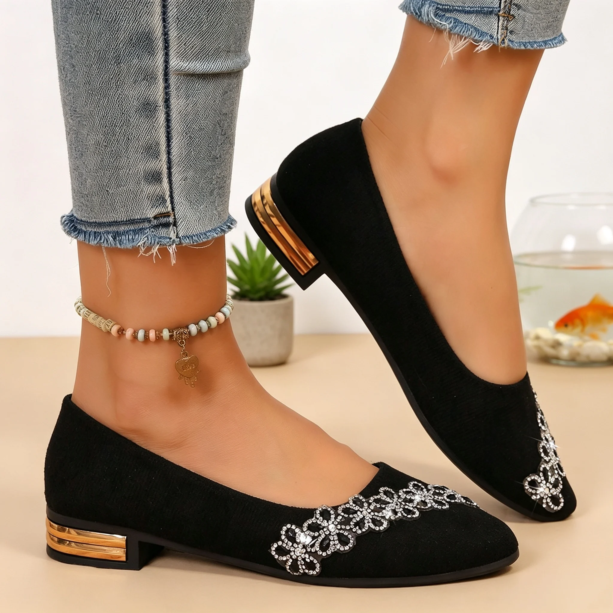 Trendy French Pointed‑Toe Women Slip‑On Shoes, Rhinestone Flower Plus‑Size Low‑Heel Shallow‑Mouth Soft‑Sole Footwear image 4