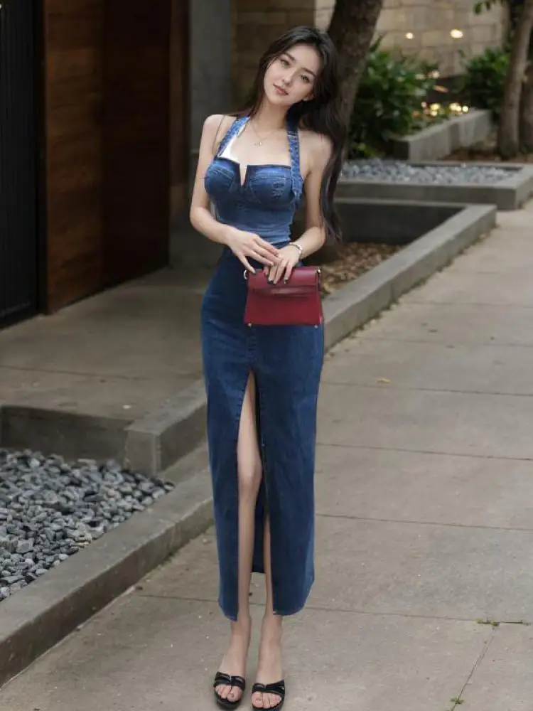 

Retro Women Blue Denim Elegant Sexy Sleeveless Off Shoulder Wrapping Hip Halter Split Long Dress Summer Holiday Party Slip Dress