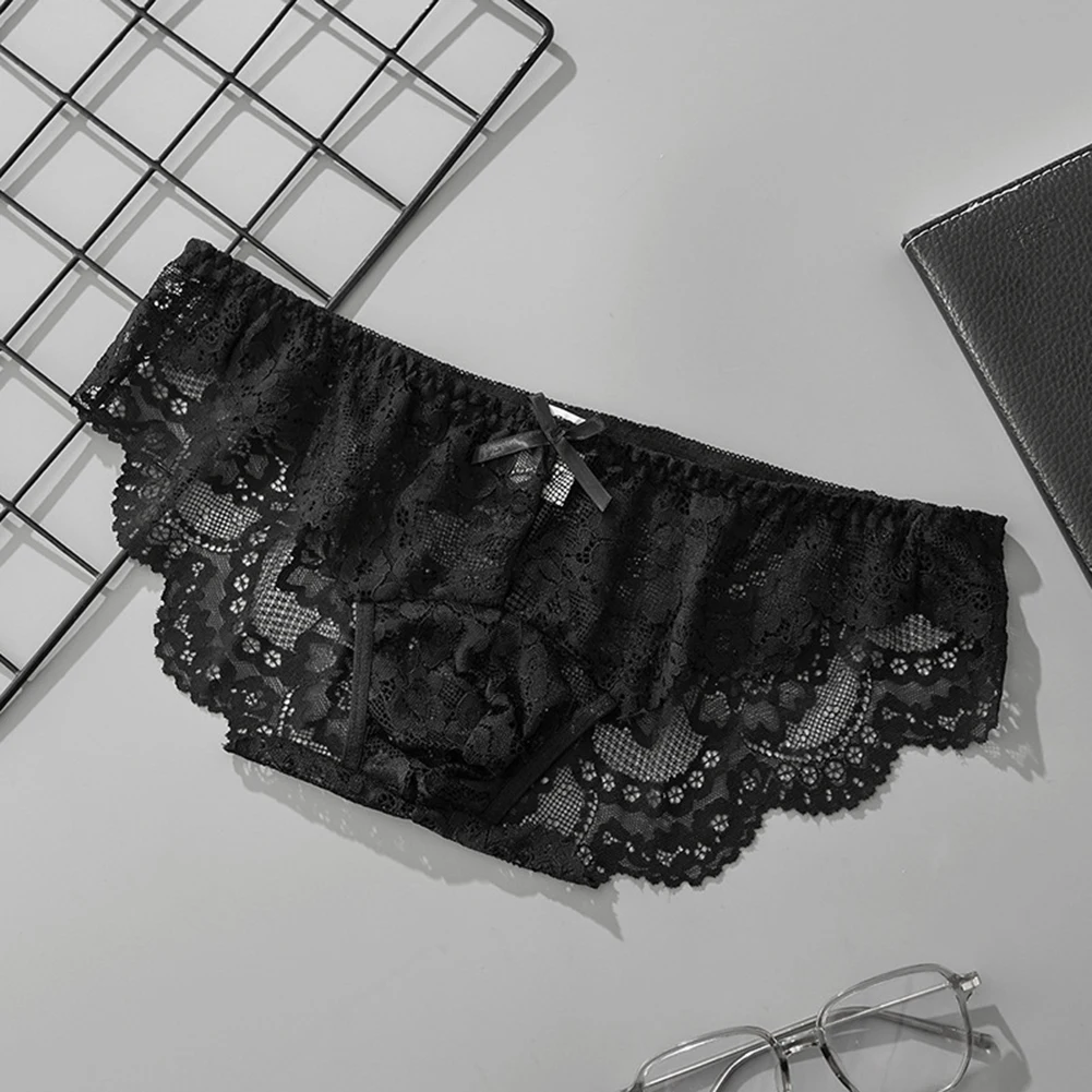 

Men Mesh Lace Briefs Underwear Bulge Pouch Low Waist See Through Sissy Panties Satin-like Brief Gay Sissy Jacquard Bikini