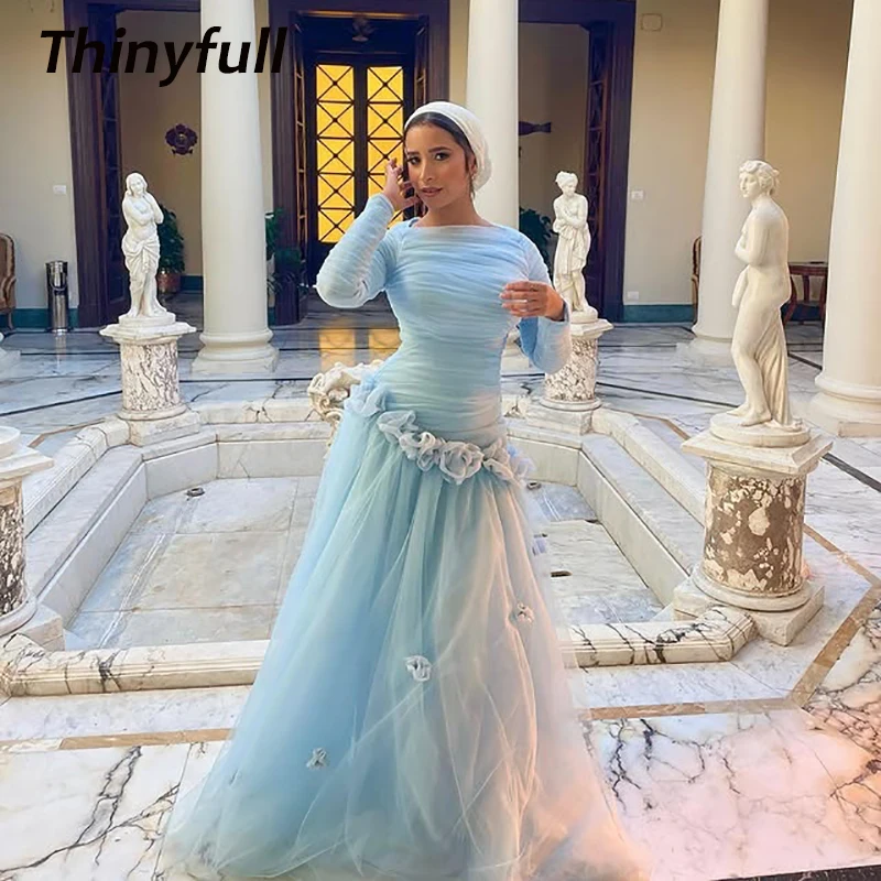 

Thinyfull 3D Flower A-line Tulle Prom Dresses Full Sleeves O-neck Evening Gown 2026 Arab Formal Dress robes de soirée Customized