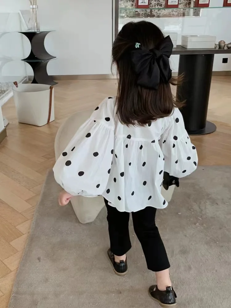 Girls Shirt 2023 Fall New Korean Baby Girl Doll Shirt Long-Sleeved Polka Dot Bubble Sleeve Blouse