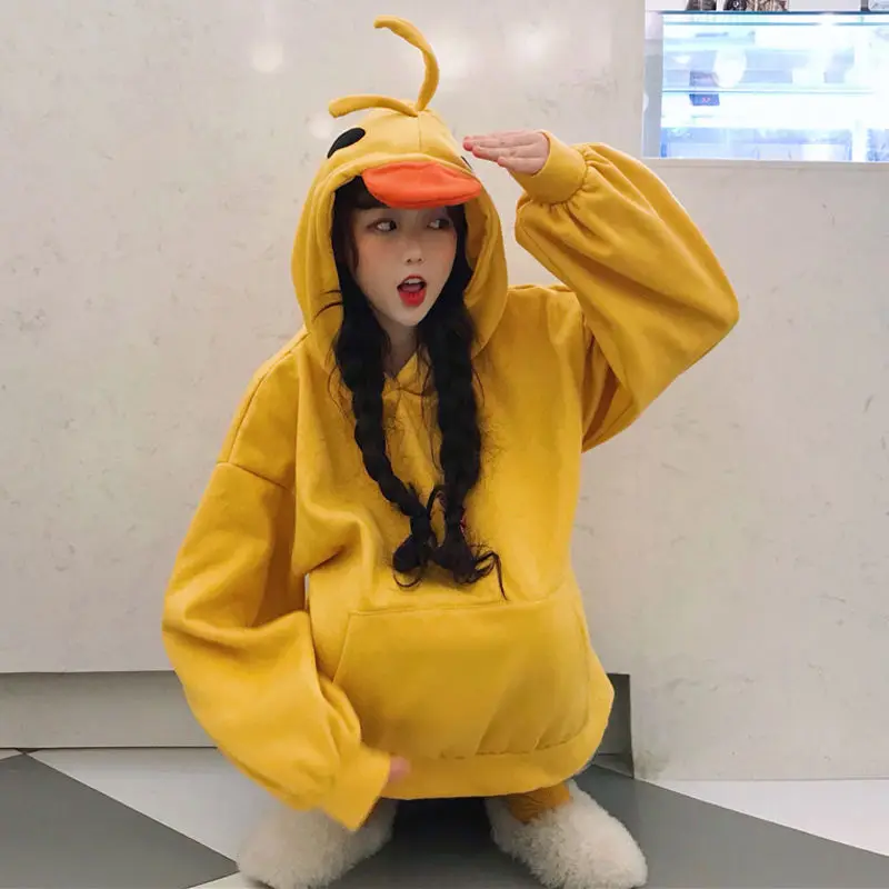 Deeptown Kawaii Vịt Khoác Hoodie Nữ Tay Dài Dễ Thương Cao Cấp Emo Quần Áo Hàn Quốc 2022 Thời Trang Mùa Đông Màu Vàng Cổ Chui Đầu Mềm Bé Gái