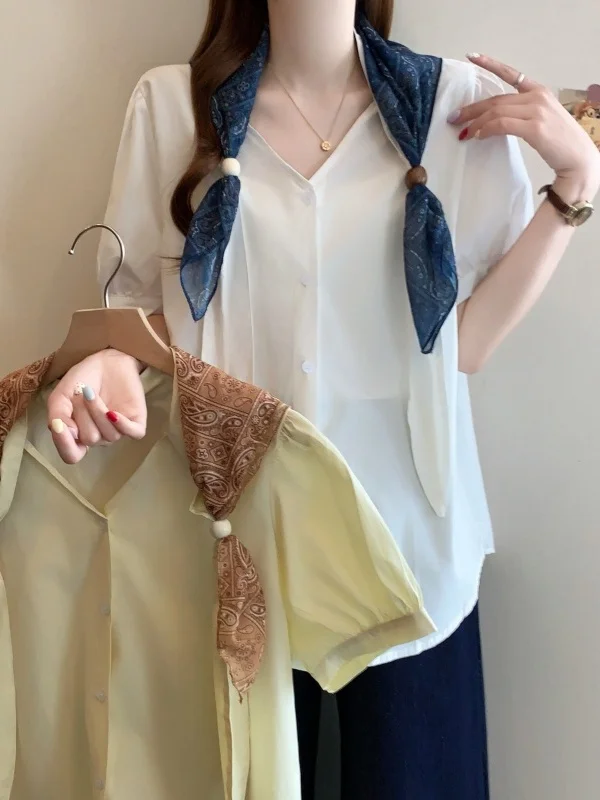 

Elegant Silk Scarf Shoulder Shawl V-Neck Short Sleeve Women's Shirt Summer 2026 Stylish Plump Slimming Korean Style Casual Wear