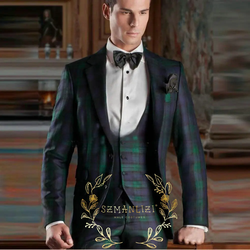 

Italian Style Men Suits For Business Green Plaid Jacket Vest Pants 3 Pieces Prom Party Groom Wedding Tuxedos Customized