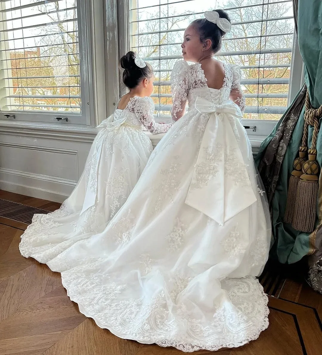 

JDY Custom White Flower Girl Dress Wedding Bow Lace Appliqué Floor-Length Girls' Kids' Birthday Party Communion Party Dress