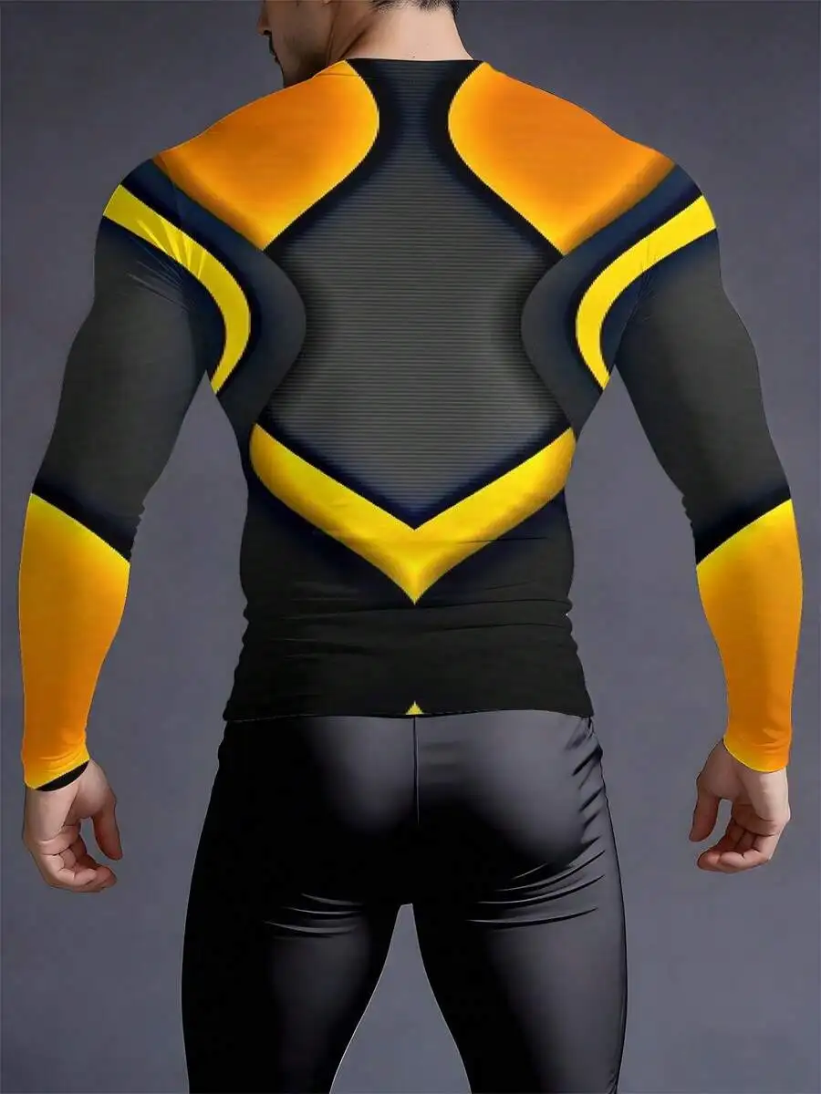 

Mens 3D Printed Compression Long Sleeve Crew Neck Top For Sports And Casual Wear