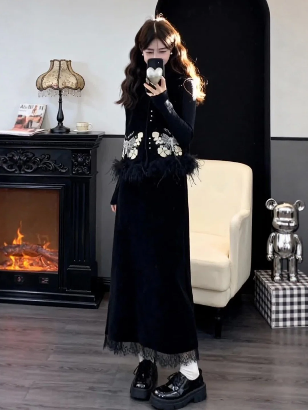 

Hebe Sle Velvet Vest Base irt f Skirt Tee-Piece Set Ele Spring Faion Ensemble Comfortable Long Sve round Ne