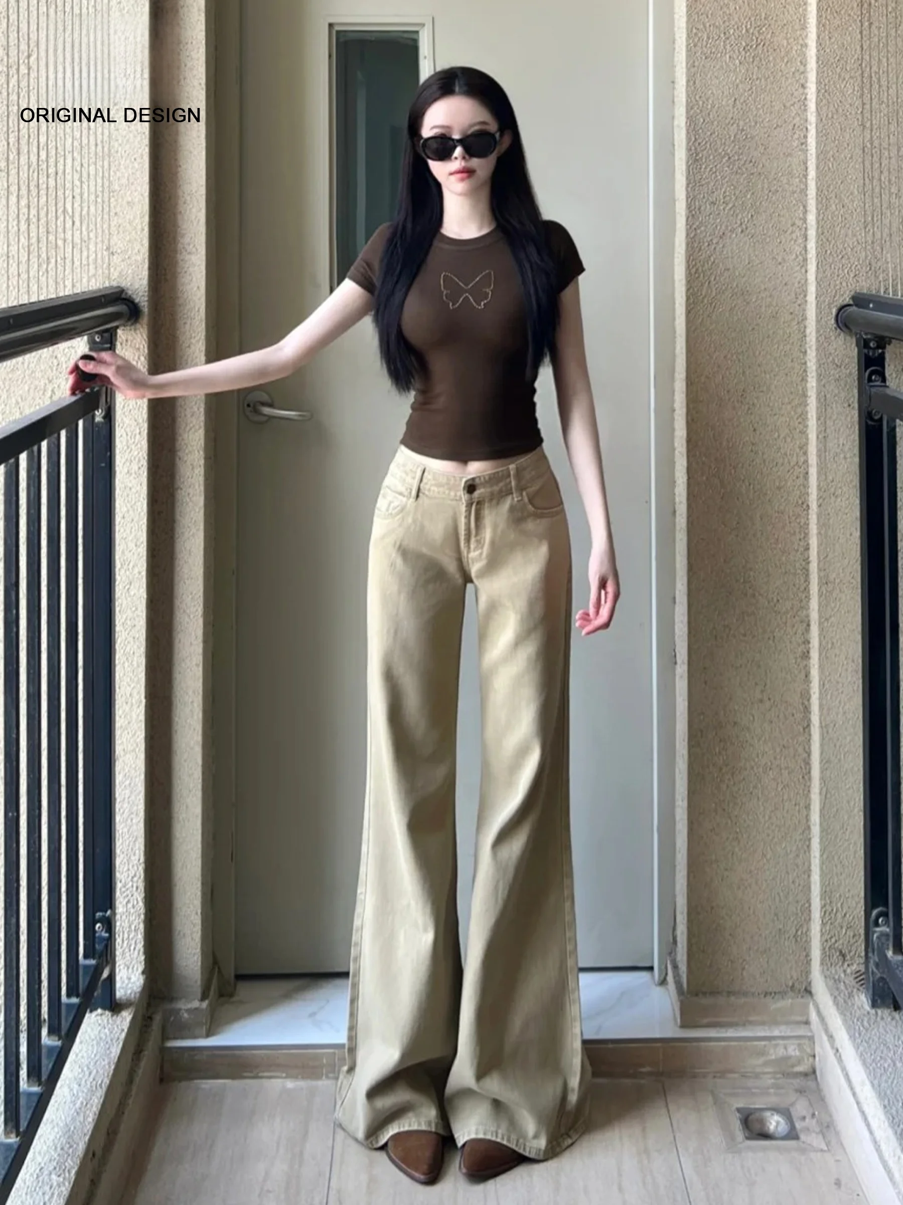 

Женские джинсы-клеш цвета хаки в американском стиле, свободные, повседневные, с низкой талией, из денима, весенняя мода, для женщин